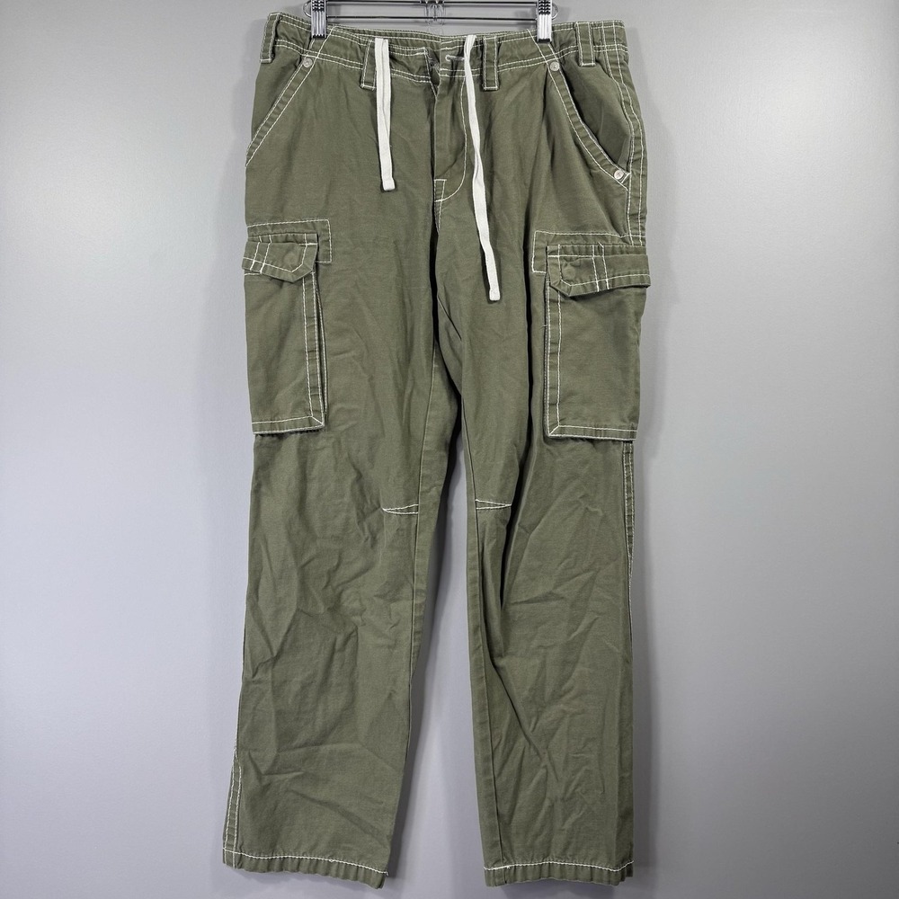 True Religion Cargo Pants Mens 30x30 Green Canvas Relaxed Fit Logo Embroidered